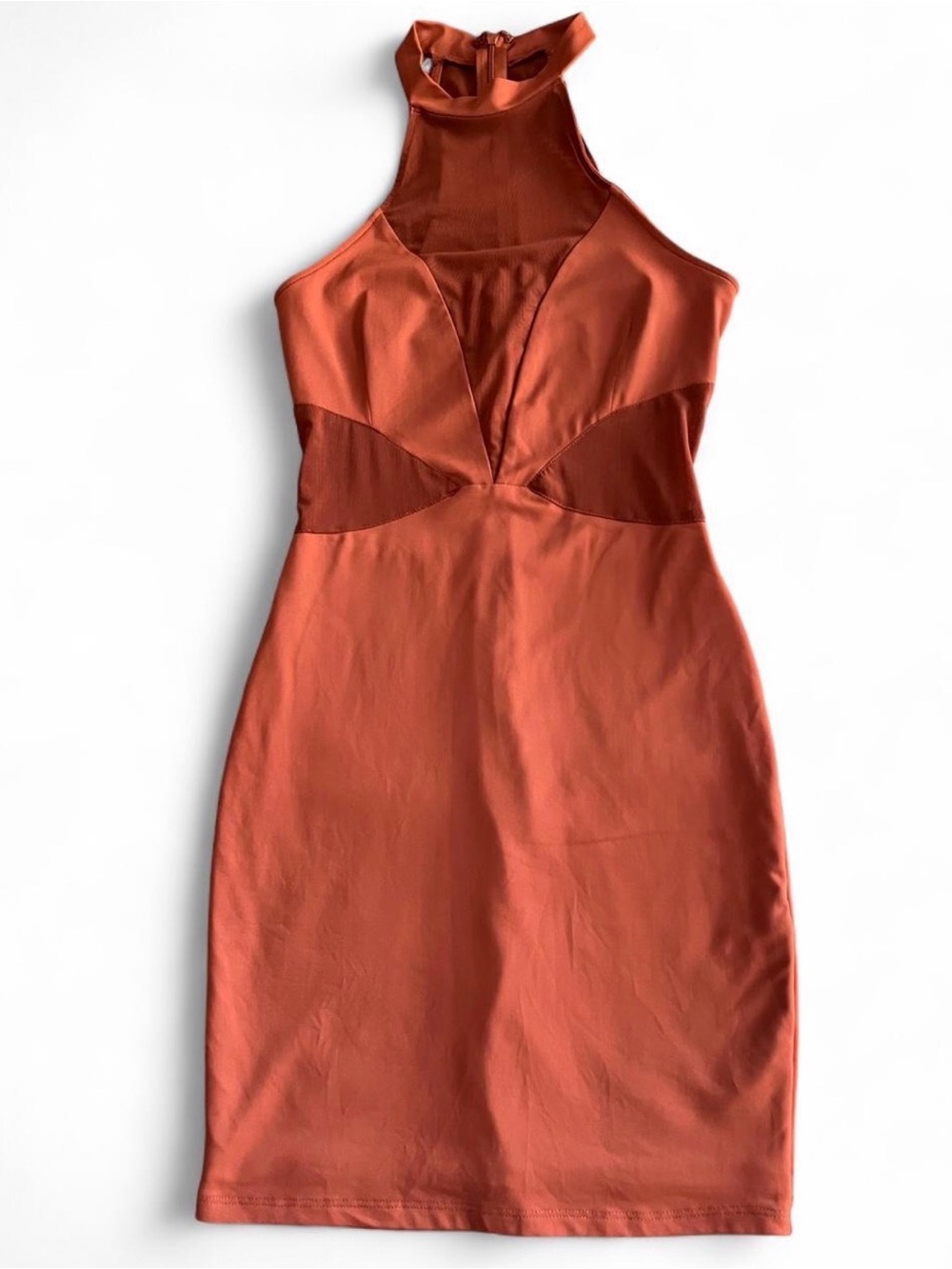 Forever 21 Rust Orange Mesh Illusion Halter Bodycon Mini Dress Size S